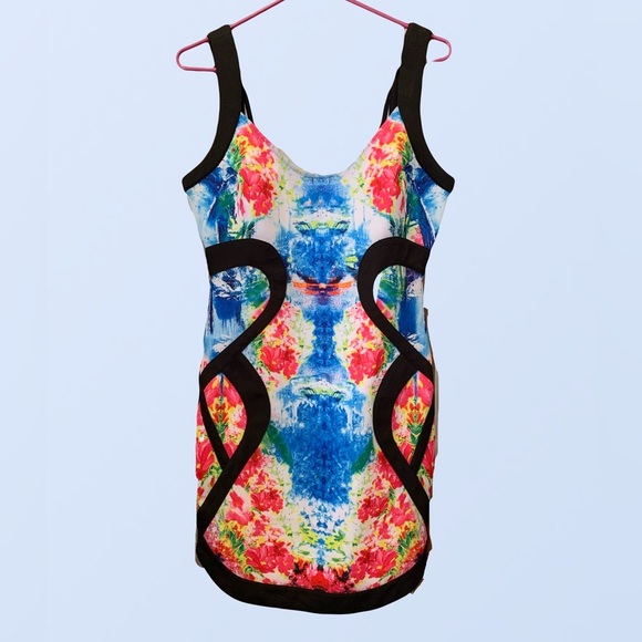 Abstract Psychedelic Stretchy Form fitting Sexy Mini Dress Party Club Large - Picture 1 of 5